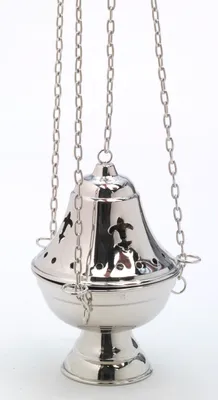 Produktbild von Weihrauchfass mit Kette zum Hängen aus Messing vernickelt Silber Höhe 17 cm mit Innenschale aus Stahl für die Räucherkohle