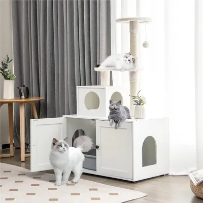 Immagine prodotto di Armadio per lettiera - Mobiletto per lettiera - Tiragraffi - Cuccia per gatti - Mobile per gatti bianco - Con tiragraffi in sisal