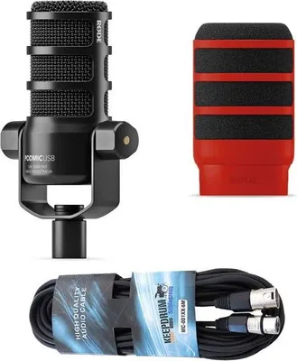 Produktbild von Rode Mikrofon Podmic USB mit WS14R Popschutz Rot und Kabel