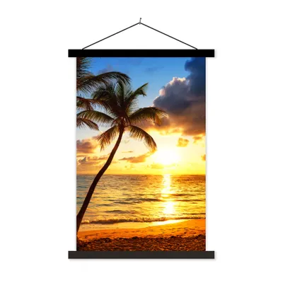 Produktbild von MuchoWow® Textilposter Strand - Horizont - Sonnenuntergang - Palme - Meer 40x60 cm mit schwarzem Rahmen - Wanddekorationen