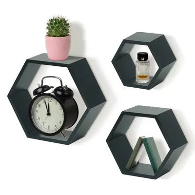 Image de IvoQ Étagères murales hexagonales – Noir – Lot de 3 – Étagères murales flottantes – Bois de pin – Design scandinave moderne