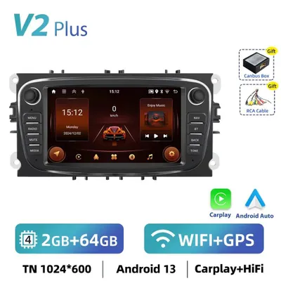 Zdjęcie produktu dla Ford Focus 2012 – radio samochodowe z systemem Android, format Double-DIN – ekran dotykowy 17,8 cm – system Android 13 – 2 GB pamięci RAM, 64 GB pamięci ROM – rozdzielczość 1024x600 – CarPlay i nawigacja GPS – kolor czarny