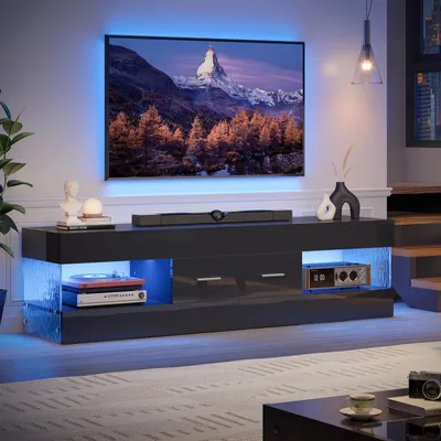 TV-Kasten 55-65 Zoll, Hochglanz, LED, Schublade, 152 cm, Schwarz