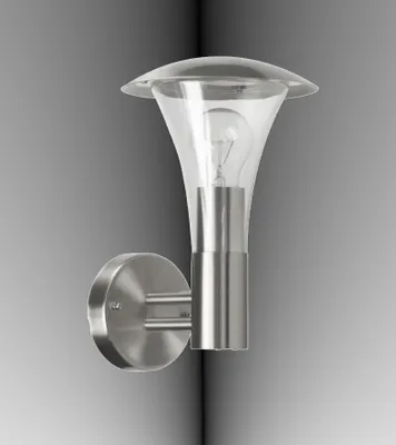 A modern outdoor wall lamp made of stainless steel with a clear glass shade and an exposed light bulb.
