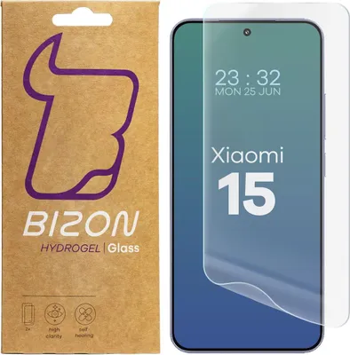 A product package for a Bizon Hydrogel Glass screen protector for a Xiaomi 15 phone, shown next to a depiction of the phone with the screen protector applied.