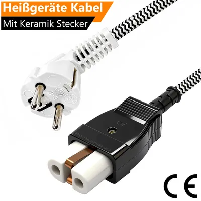 Produktbild von ORSEM 2m Euro Keramik Heißgerätestecker mit Kabel Gerätestecker Anschlusskabel & Keramikeinsatz Stecker Anschluss für Heizgeräte, Waffeleisen Schwarz