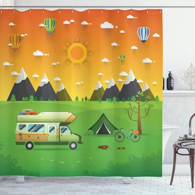 Image de Rideau de douche ABAKUHAUS Camping, paysage du parc national de montagne avec caravane familiale et tente, 175 x 220 cm, multicolore