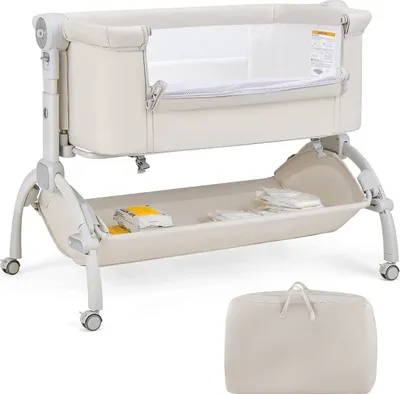 Produktbild von Beistellbett Baby, 7 stufig-höhenverstellbar Babybett mit Rollen, 95 x 65cm Reisebett für Säugling 0-6 Monate(Beige)