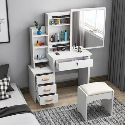 Produktbild von Damen-Make-up-Tisch mit Spiegel, 4 Schubladen und 3 offenen Regalen