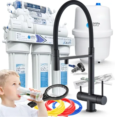 Image de Robinet de cuisine 3 voies Ari HighFlex avec raccord pour filtre à eau, bec pivotant, laiton noir mat, système RO7 7 étapes
