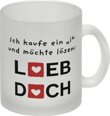 Produktbild von Lieb dich Glas Tasse mit lustigem Spruch und Herzen