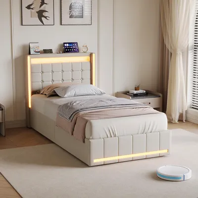 Zdjęcie produktu dla Łóżko tapicerowane 90x200 cm z pojemnikiem, oświetleniem RGB LED, portami USB-C i 2 portami USB, systemem hydraulicznym, przestrzenią do przechowywania, stelażem łóżka, obiciem z lnu, w kolorze beżowym