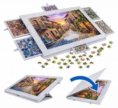 Obrázok produktu pre Relaxdays, podložka na skladanie puzzle, 1000 dielikov, 6 zásuviek, filcová podložka, nastaviteľný stojan, kryt, svetlosivá