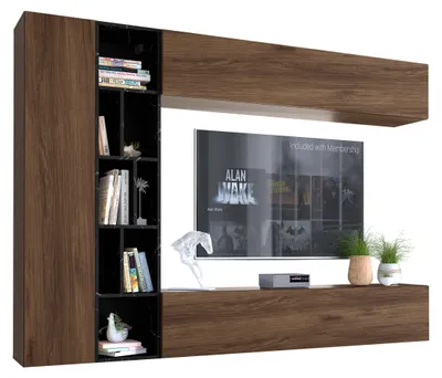 Produktbild von MIRJAN24 Wohnwand Kodita, Praktisch Wohnzimmer-Set, TV-Schrank, Wandschrank, Standregal (Farbe: Nuss Warmia / Schwarz Marmor)