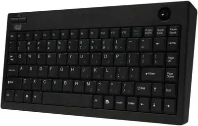 A black wireless mini keyboard with an integrated trackball is shown from a slightly elevated front-left angle against a light gray background.