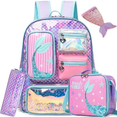 Produktbild von Rollkoffer Set für Mädchen mit Rädern für Grundschule & Kindergarten, Meerjungfrau, Rosa