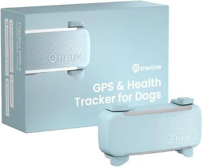 A product box and the product itself, a GPS tracker for dogs, are shown against a light blue background.