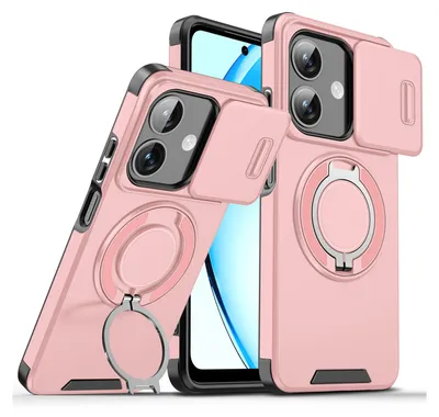 Immagine prodotto di Custodia a doppio strato per Oppo A40, con copertura scorrevole della fotocamera e supporto ad anello magnetico Rosa