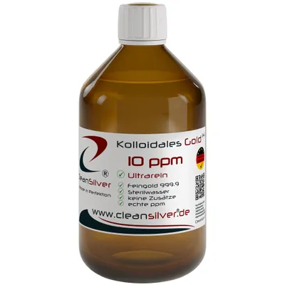 Produktbild von CleanSilver - Kolloidales Gold 10 ppm - 500ml - Ultrarein: Sterilwasser und Feingold 99,99% - stets frisch, keine Lagerware!