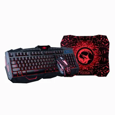 A gaming keyboard, mouse, and mousepad set are displayed against a white background.