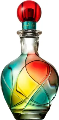 A perfume bottle with a colorful, abstract design.