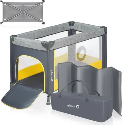 Zdjęcie produktu dla Składane łóżeczko turystyczne - łóżeczko dla dziecka - bezpieczny sen - z materacem - 125 x 65 cm - żółte