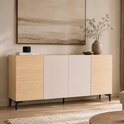 Image de Buffet HWC-Q84, meuble de rangement, tiroirs et portes avec structure 3D, compartiments de rangement, MDF mélaminé, dimensions 80x160x42 cm, aspect chêne