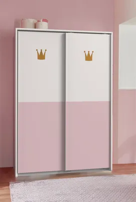 Produktbild von Schwebetürenschrank "Cindy2" in WEISS + ABSETZUNGEN ROSE mit 2 Türen und 2 Einlegeböden. Abmessungen (BxHxT) 139x200x65 cm
