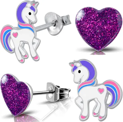 Produktbild von 2x Kinder Ohrringe Echt 925 Silber Pferde Einhorn Mädchen Ohrstecker Herz Edelstahl K677+K296