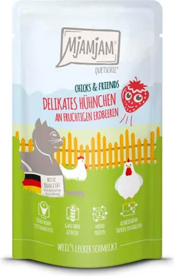 Immagine prodotto di MjAMjAM 125gx12 Quetschie Chicks & Friend Hühnchen & Erdbeeren Cat