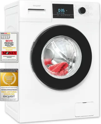 A white front-loading washing machine with a black door and a digital display.