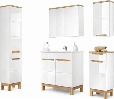 Productafbeelding van Set ERMANO: onderkast 80cm + inbouwwastafel + sifon + kolom + opbergmeubels met spiegels