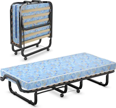 Produktbild von COSTWAY φ90x200cm posteľ pre hostí s matracom z pamäťovej peny, Skladacia jednolôžková posteľ, Robustná kovová posteľ do 120 kg, Skladacia posteľ na kolieskach, Skladacia posteľ do kancelárie a izby pre hostí, Prenosná posteľ (modrá)