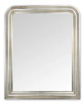 A studio shot of a silver-framed mirror against a white background.