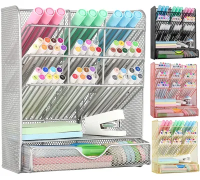 Produktbild von Schreibtisch-Organizer mit Stiftehalter, 10 Fächern und 1 Schublade (silber)