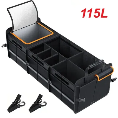 Image de Organisateur de coffre de voiture - Boîte pliable de 115 litres - Pliable - Plusieurs compartiments - Revêtement intérieur étanche - Séparateurs amovibles - Compartiment isotherme - Noir