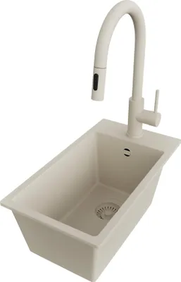 Produktbild von PRIMAGRAN Granitspüle Beige 28x50cm, Spülbecken 1 Becken + Küchenarmatur 40x20cm + Ablauf-Set, Küchenspüle ab 30er Unterschrank - Riga