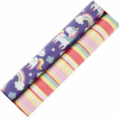 Obrázek produktu pro Sortiment dárkového papíru pro děti s pruhy a motivem jednorožce HO109 – 10 m x 70 – 2 role
