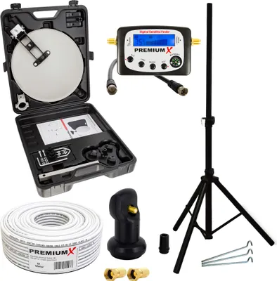 Produktbild von PremiumX Camping Satelliten-Anlage mobile Antenne im Koffer Single LNB TV SAT-Finder 10m Koaxial-Kabel F-Stecker Dreibein Stativ
