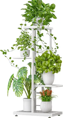 A white multi-tiered plant stand filled with various green plants in white pots.