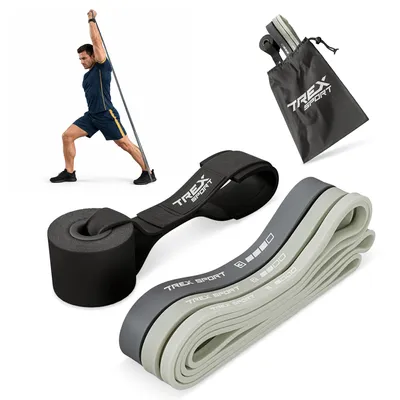 Produktbild von TREX SPORT Gymnastikband 3 Stück Set TX-003PB Widerstandsband | Klimmzugband, Fitnessband 100% Latex, 2-30 kg, mit Türanker | Resistance Band Grau