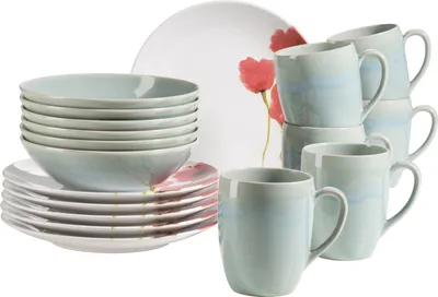 Produktbild von Mäser 931927 Frühstücksset Ossia für 6 Personen, Steinzeug, türkis/rot (1 Set, 18-teilig)