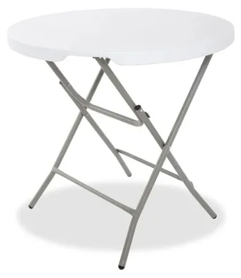 Zdjęcie produktu dla Okrągły stolik składany Ø 80 cm, wys. 75 cm – biały blat HDPE, stalowa rama