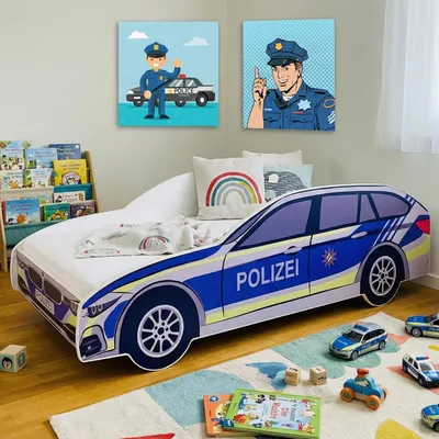 Produktbild von Autobett Kinderbett Jugendbett Polizei Car Polizeiauto Polizist Kinder Spielbett ohne Matratze 70x140 cm von Geburt bis 6. Lebensjahr