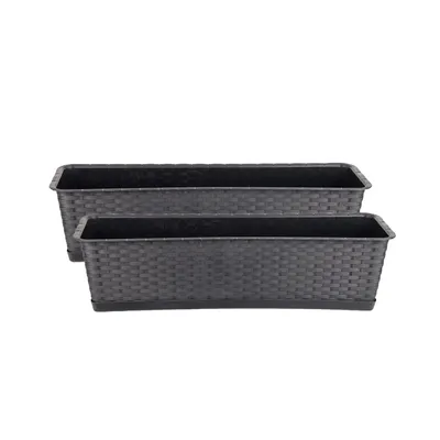 Produktbild von BigDean 2er Set Blumenkasten mit Untersetzer 60 cm lang Rattan-Optik anthrazit - aus PP-Kunststoff - Balkon Pflanzkasten schmal Balkonkasten