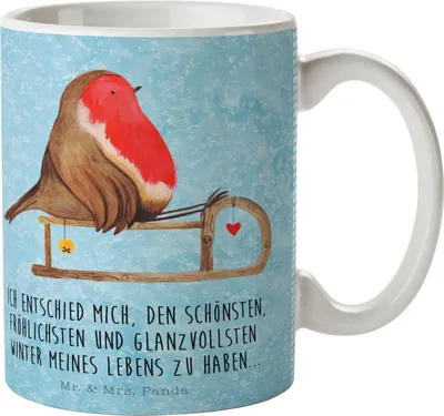 Produktbild von Mr. & Mrs. Panda Tasse Rotkehlchen Schlitten - Eisblau - Geschenk, Kaffeebecher, Wintermotiv, Becher, Henkelbecher, Weihnachten, Trinkbecher, Vogel, Pott
