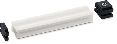 A white damping element and two black connectors are arranged on a white background.