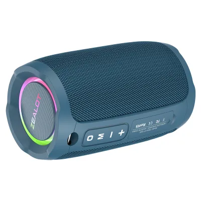 A blue portable speaker with colorful LED lights on a white background.