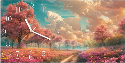 Produktbild von Wanduhr aus Glas mit Motiv Blühender Weg- 60 x 30 cm - inkl. Aufhängesystem