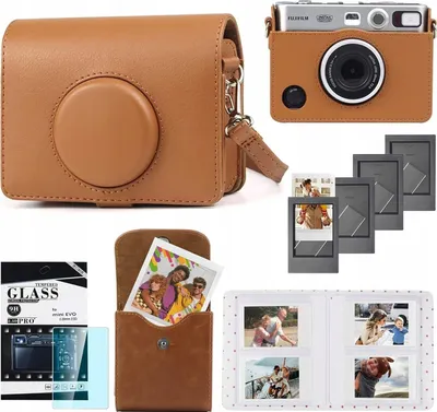 Zdjęcie produktu dla Zestaw 5w1 Futerał + Szkło + Album 64x + Etui Zdjęcia + Ramki do Fuji INSTAX Mini EVO / Brązowy
